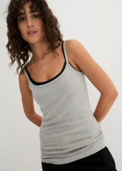 bonprix bonprix Top de algodón puro con tirantes finos (3 unidades) Blanco + gris claro jaspeado + negro Online