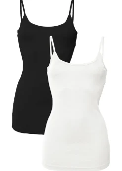 bonprix bonprix Top de algodón puro con tirantes finos (2 unidades) Blanco-negro Hot