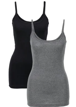 bonprix bonprix Top de algodón puro con tirantes finos (2 unidades) negro-gris moteado Clearance