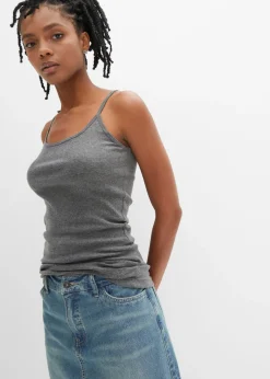 bonprix bonprix Top de algodón puro con tirantes finos (2 unidades) negro-gris moteado Clearance