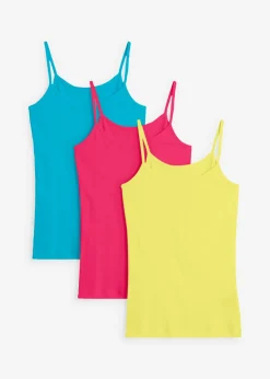 bonprix bonprix Top de algodón puro con tirantes finos (3 unidades) lima claro + rosa oscuro + azul caribe Sale