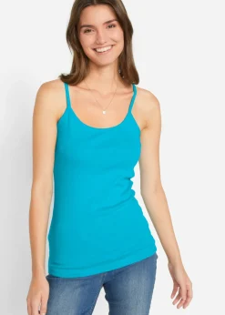 bonprix bonprix Top de algodón puro con tirantes finos (3 unidades) lima claro + rosa oscuro + azul caribe Sale