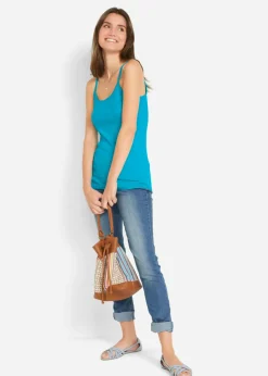 bonprix bonprix Top de algodón puro con tirantes finos (3 unidades) lima claro + rosa oscuro + azul caribe Sale