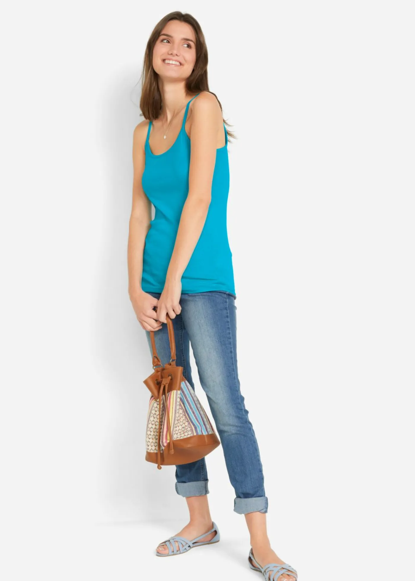 bonprix bonprix Top de algodón puro con tirantes finos (3 unidades) lima claro + rosa oscuro + azul caribe Sale