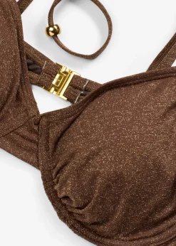 bonprix bonprix Top de bikini con aros de material brillante marrón Discount