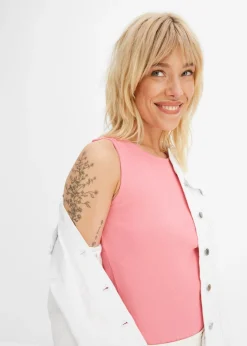 bonprix bonprix Top de canalé de algodón orgánico puro (2 unidades) blanco+rosa brillante Clearance