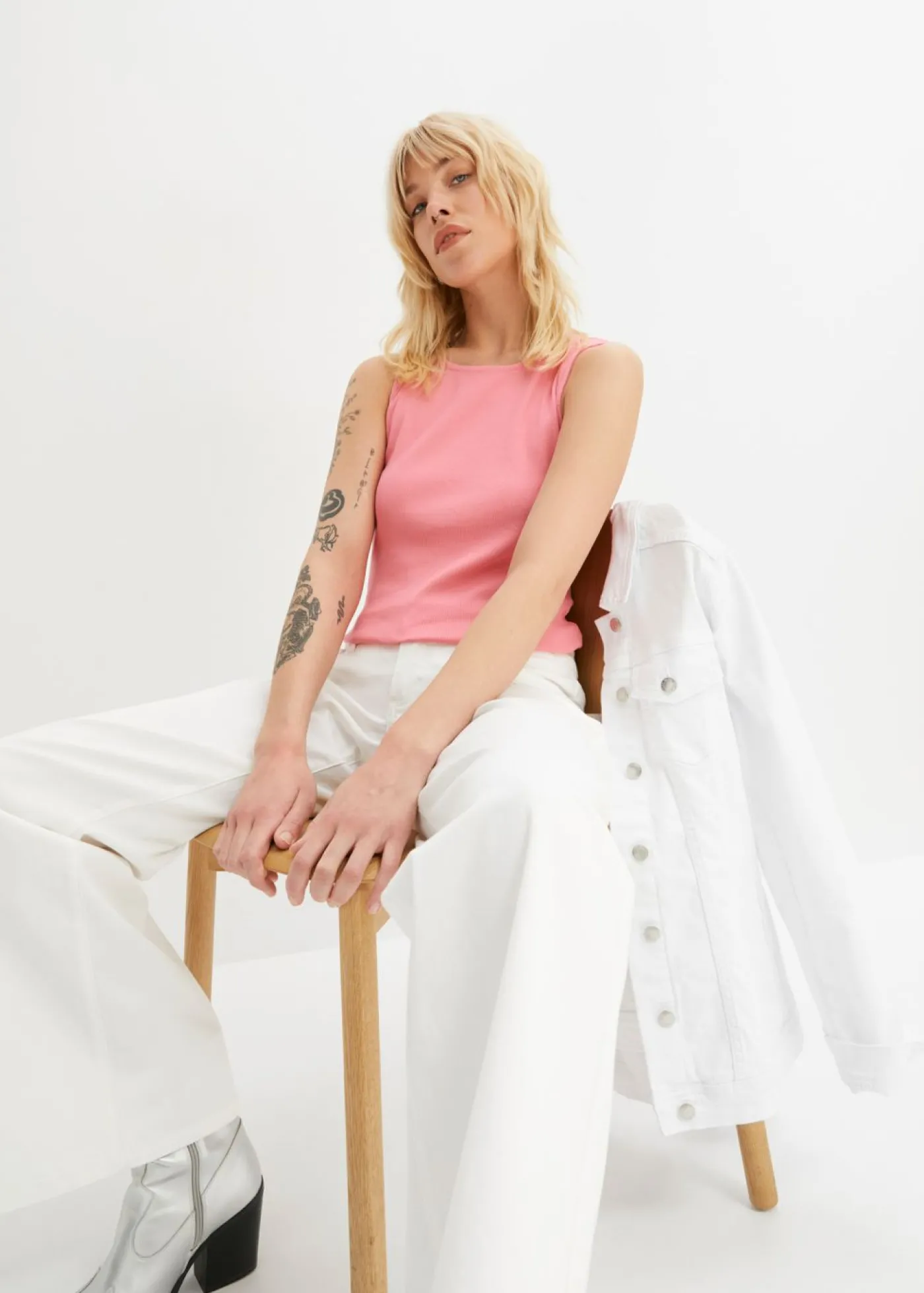 bonprix bonprix Top de canalé de algodón orgánico puro (2 unidades) blanco+rosa brillante Clearance