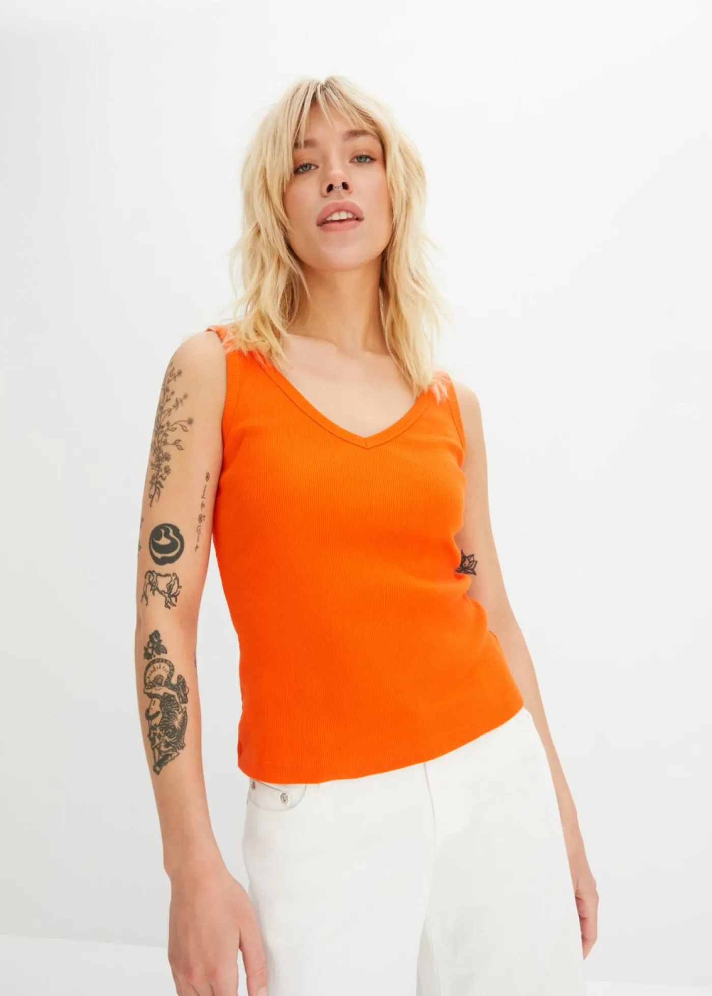 bonprix bonprix Top de canalé de algodón orgánico puro (2 unidades) naranja+negro Online