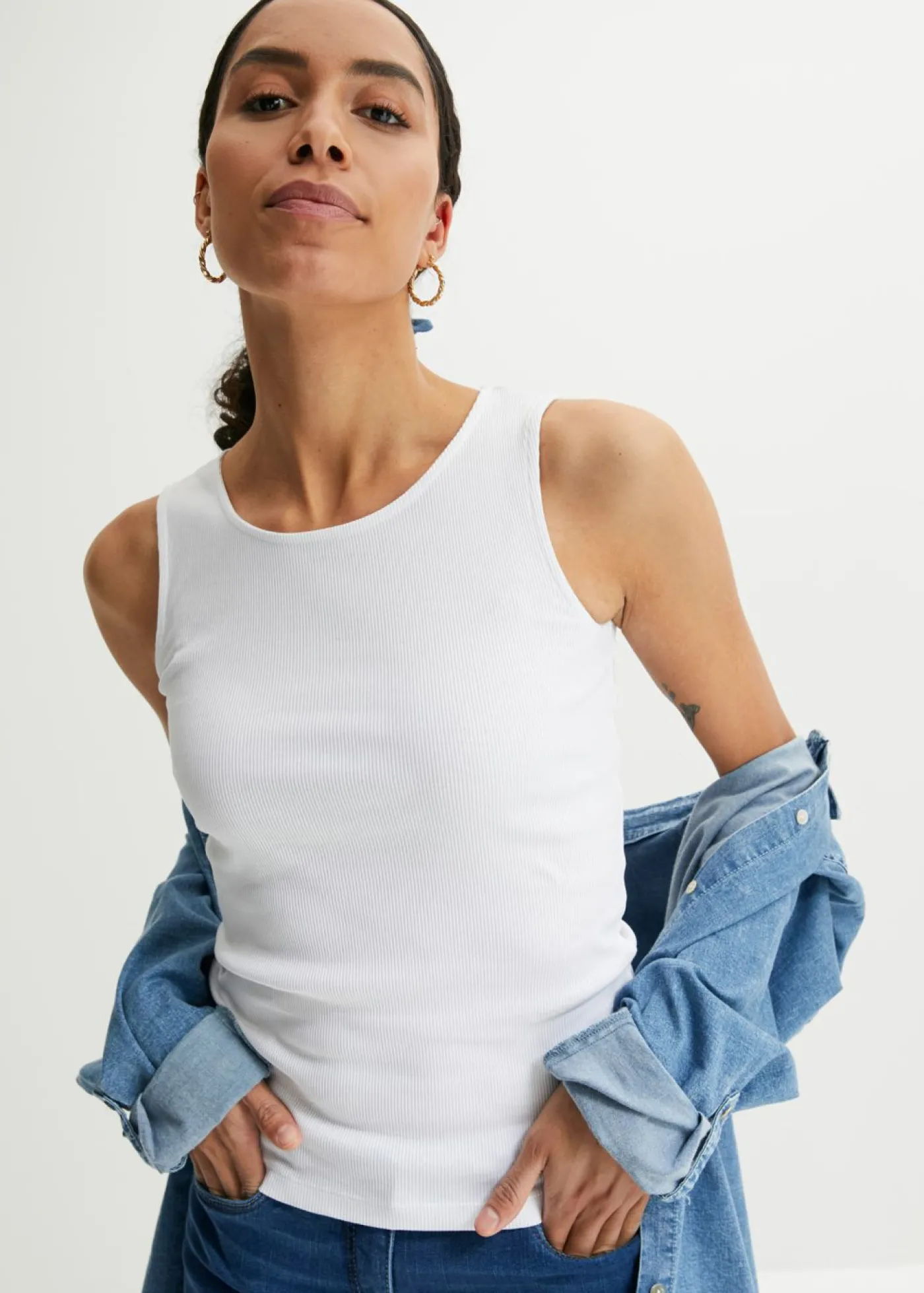 bonprix bonprix Top de canalé de algodón orgánico puro (2 unidades) Negro+blanco Sale