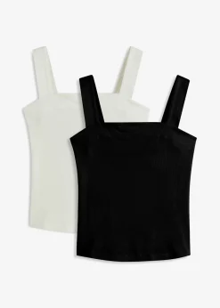 bonprix bonprix Top de canalé de algodón orgánico (2 unidades) Blanco lana-negro Discount