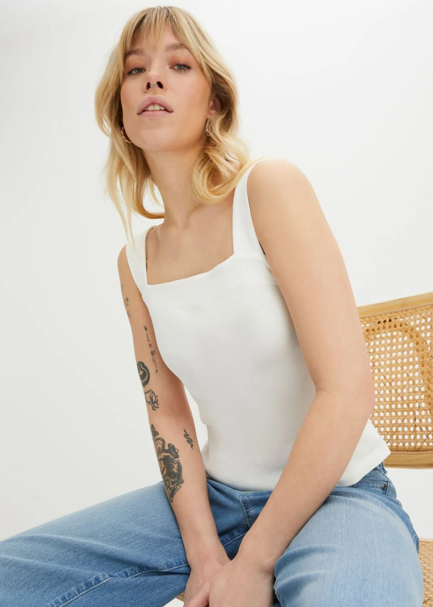 bonprix bonprix Top de canalé de algodón orgánico (2 unidades) Blanco lana-negro Discount