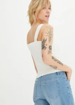bonprix bonprix Top de canalé de algodón orgánico (2 unidades) Blanco lana-negro Discount