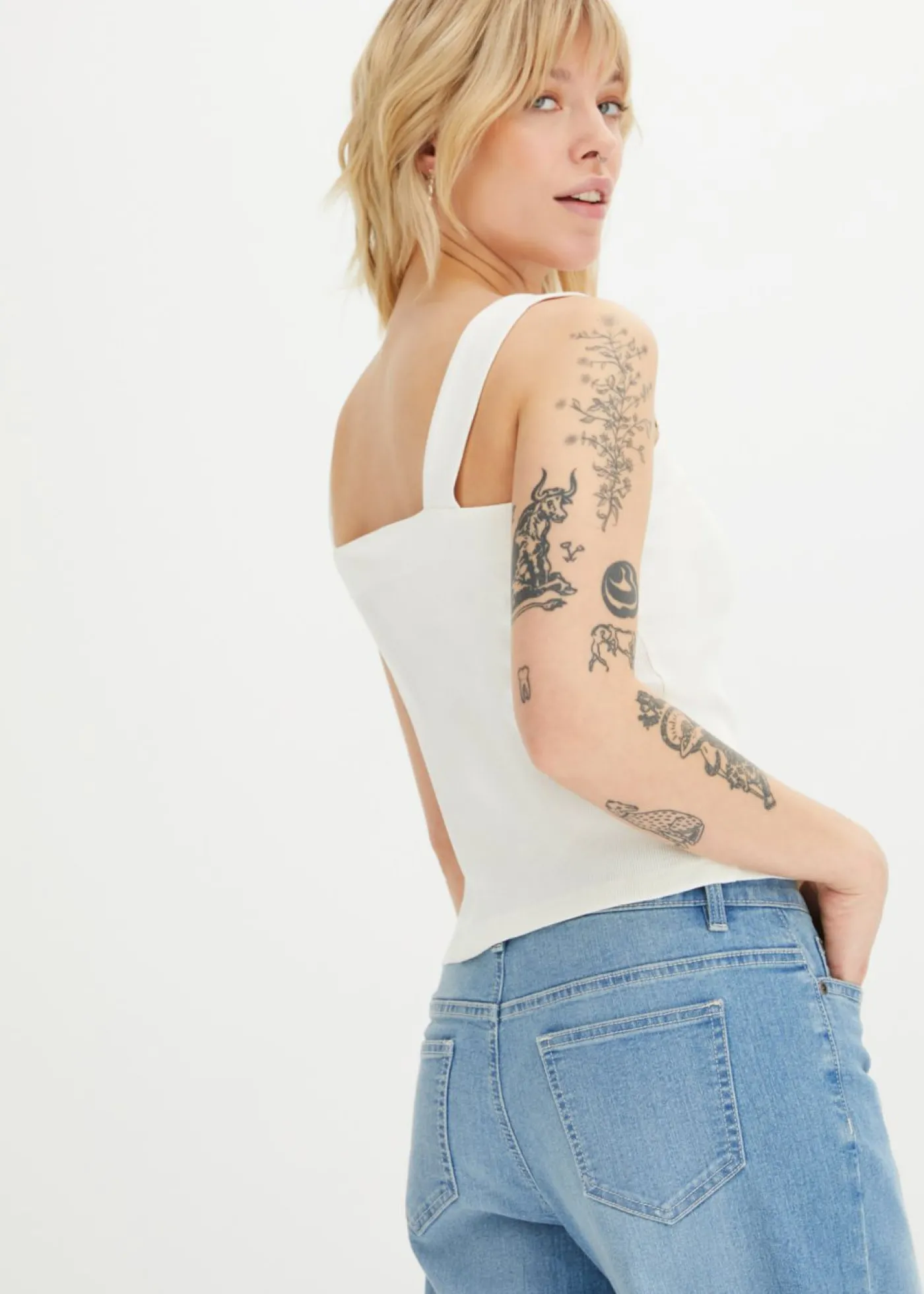 bonprix bonprix Top de canalé de algodón orgánico (2 unidades) Blanco lana-negro Discount