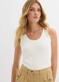 bonprix bonprix Top de canalé de algodón orgánico (2 unidades) blanco lana/marrón tierra Clearance