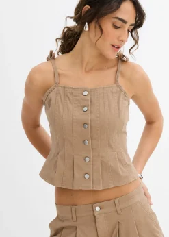 bonprix bonprix Top de mezcla de algodón elástico con tirantes finos arcilla Clearance