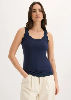 bonprix bonprix Top de mezcla de viscosa suave (2 unidades) Azul marino-blanco Clearance