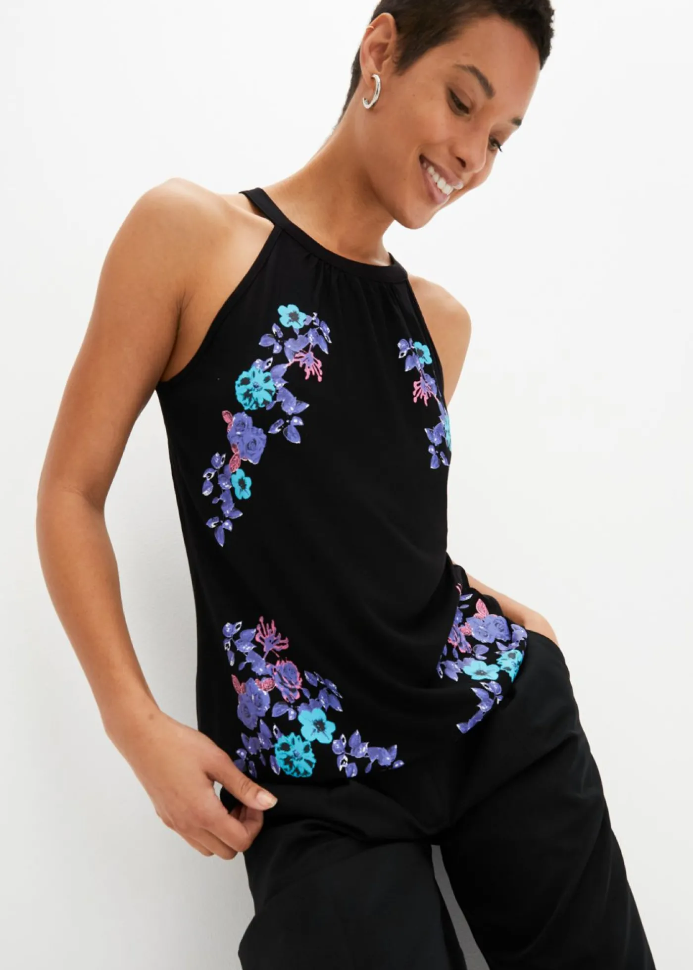 bonprix bonprix Top de mezcla de viscosa fluida Negro estampado Clearance
