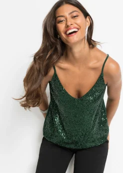 bonprix bonprix Top de mezcla de viscosa suave con tirantes finos y lentejuelas Verde oscuro Clearance