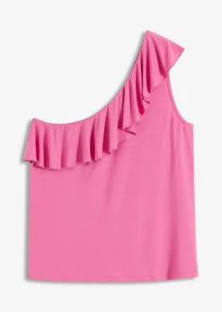 bonprix bonprix Top de mezcla de viscosa suave con un hombro al descubierto y volante decorativo Rosa chicle New