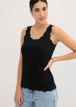 bonprix bonprix Top de mezcla de viscosa suave (2 unidades) Negro-blanco lana New