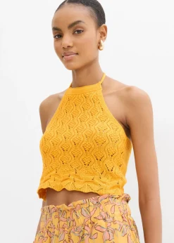 bonprix bonprix Top de punto anudado al cuello Amarillo-naranja New