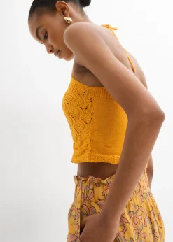 bonprix bonprix Top de punto anudado al cuello Amarillo-naranja New