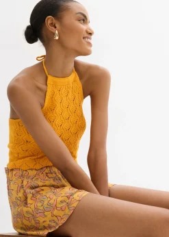 bonprix bonprix Top de punto anudado al cuello Amarillo-naranja New