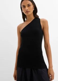 bonprix bonprix Top de punto de mezcla de viscosa con hombros al descubierto Negro Outlet