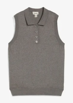 bonprix bonprix Top de punto fino con contenido de seda y cuello tipo polo Gris jaspeado Best