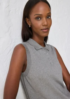 bonprix bonprix Top de punto fino con contenido de seda y cuello tipo polo Gris jaspeado Best