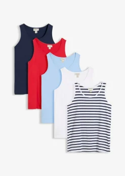 bonprix bonprix Top largo de algodón orgánico puro (5 unidades) Blanco/azul marino de rayas + rojo lava + azul claro Online