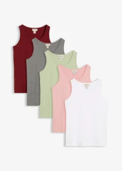 bonprix bonprix Top largo de algodón orgánico puro (5 unidades) Verde pálido+rojo rubí+gris jaspeado+rosa ceniza+blanco Sale