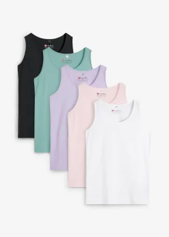 bonprix bonprix Top largo de algodón orgánico puro (5 unidades) lavanda + salvia fumé+ rosa pálido + negro + blanco Clearance