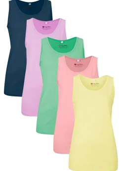 bonprix bonprix Top largo de algodón orgánico puro (5 unidades) rosa pálido+lila claro+hierbabuena+lima suave+azul marino Best