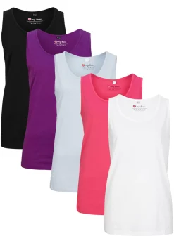 bonprix bonprix Top largo de algodón orgánico puro (5 unidades) azul pálido + fucsia+ blanco + negro + morado oscuro Clearance