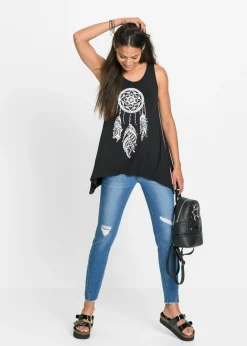 bonprix bonprix Top largo de viscosa suave Negro-blanco estampado New