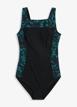 bonprix bonprix Traje de baño con efecto moldeador medio con escote cuadrado Negro-turquesa con estampado gráfico
