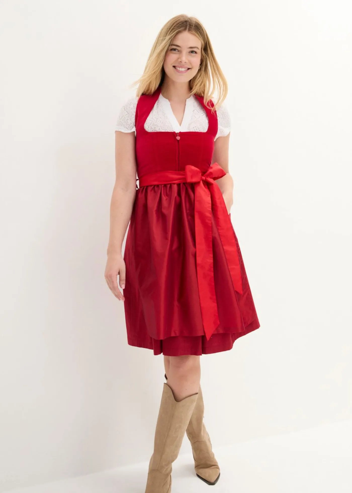 bonprix bonprix Traje tirolés con corpiño de terciopelo y delantal de satén (2 piezas) rojo atardecer/rojo Clearance