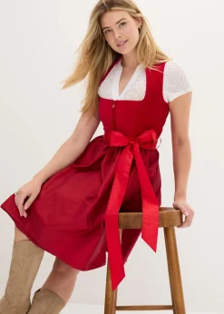 bonprix bonprix Traje tirolés con corpiño de terciopelo y delantal de satén (2 piezas) rojo atardecer/rojo Clearance