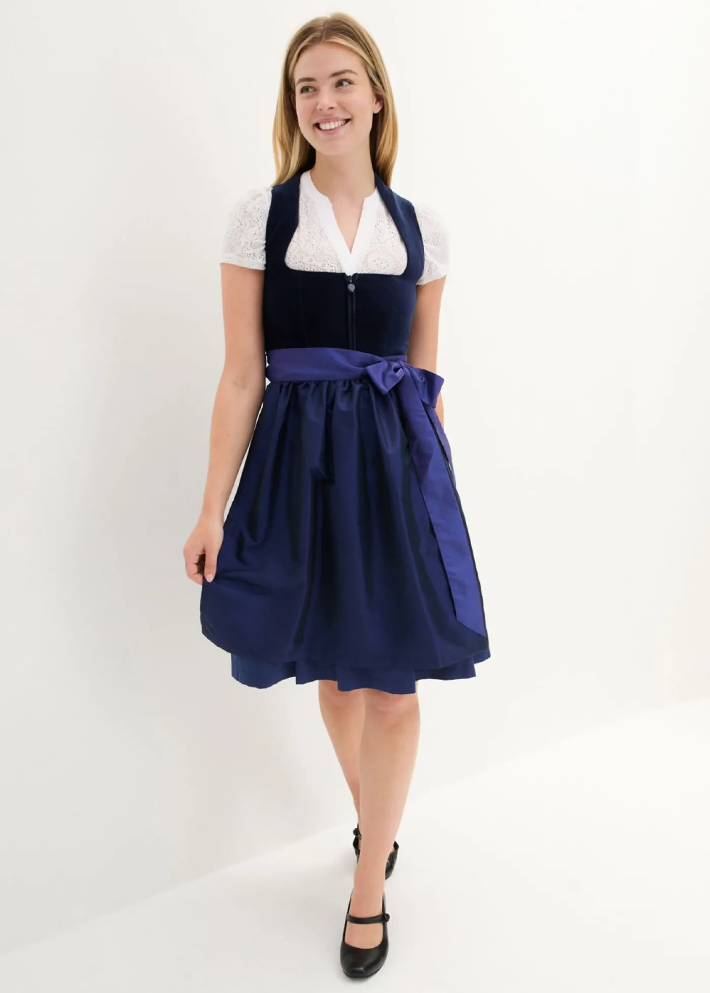 bonprix bonprix Traje tirolés con corpiño de terciopelo y delantal de satén (2 piezas) Azul marino/azul oxford Clearance