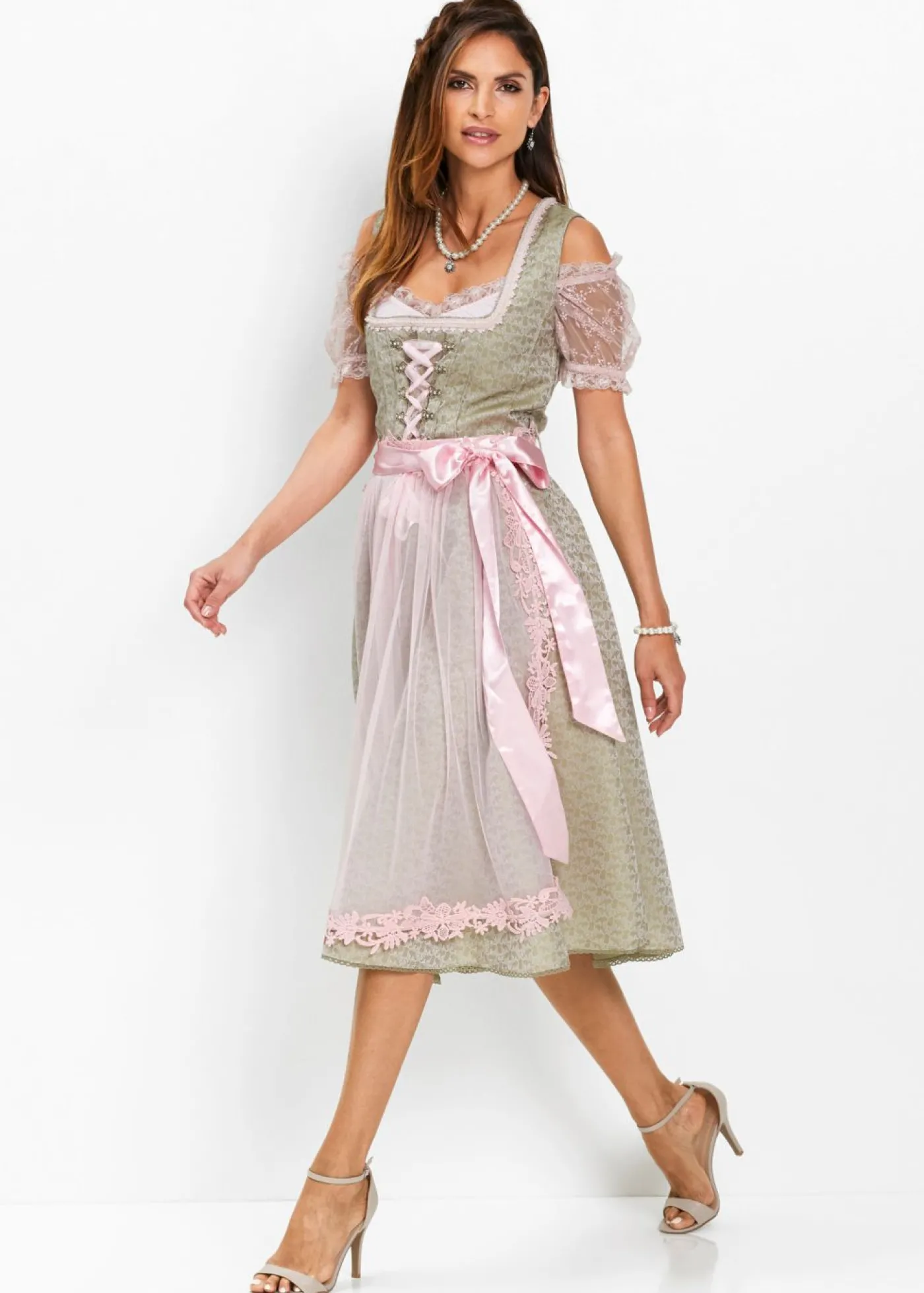 bonprix bonprix Traje tirolés con perlas (2 piezas) Caqui nuevo/rosa claro/rosa empolvado estampado Sale
