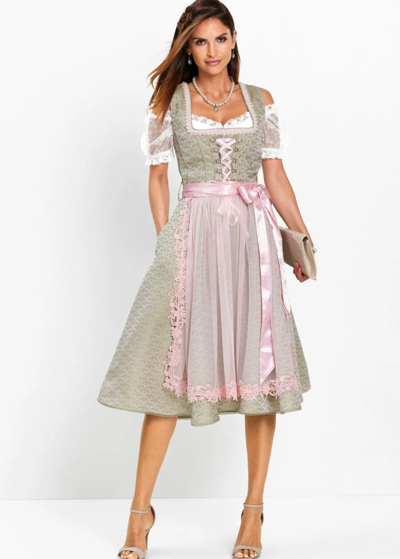 bonprix bonprix Traje tirolés con perlas (2 piezas) Caqui nuevo/rosa claro/rosa empolvado estampado Sale