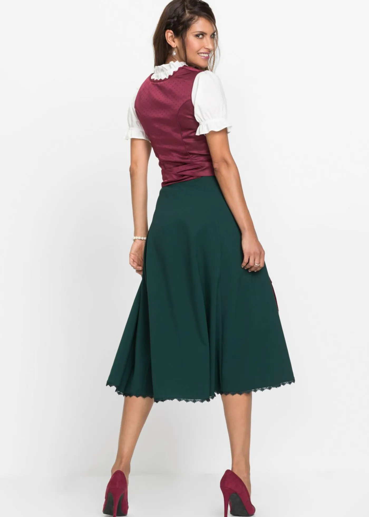bonprix bonprix Traje tirolés y delantal (2 piezas) Magenta/verde intenso/negro/violeta mate/blanco lana estampado New