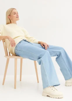 bonprix bonprix Vaquero de pernera ancha, mid waist, elástico Denim claro desgastado New