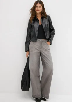 bonprix bonprix Vaqueros anchos de talle medio con cinturilla cómoda denim gris claro usado Sale