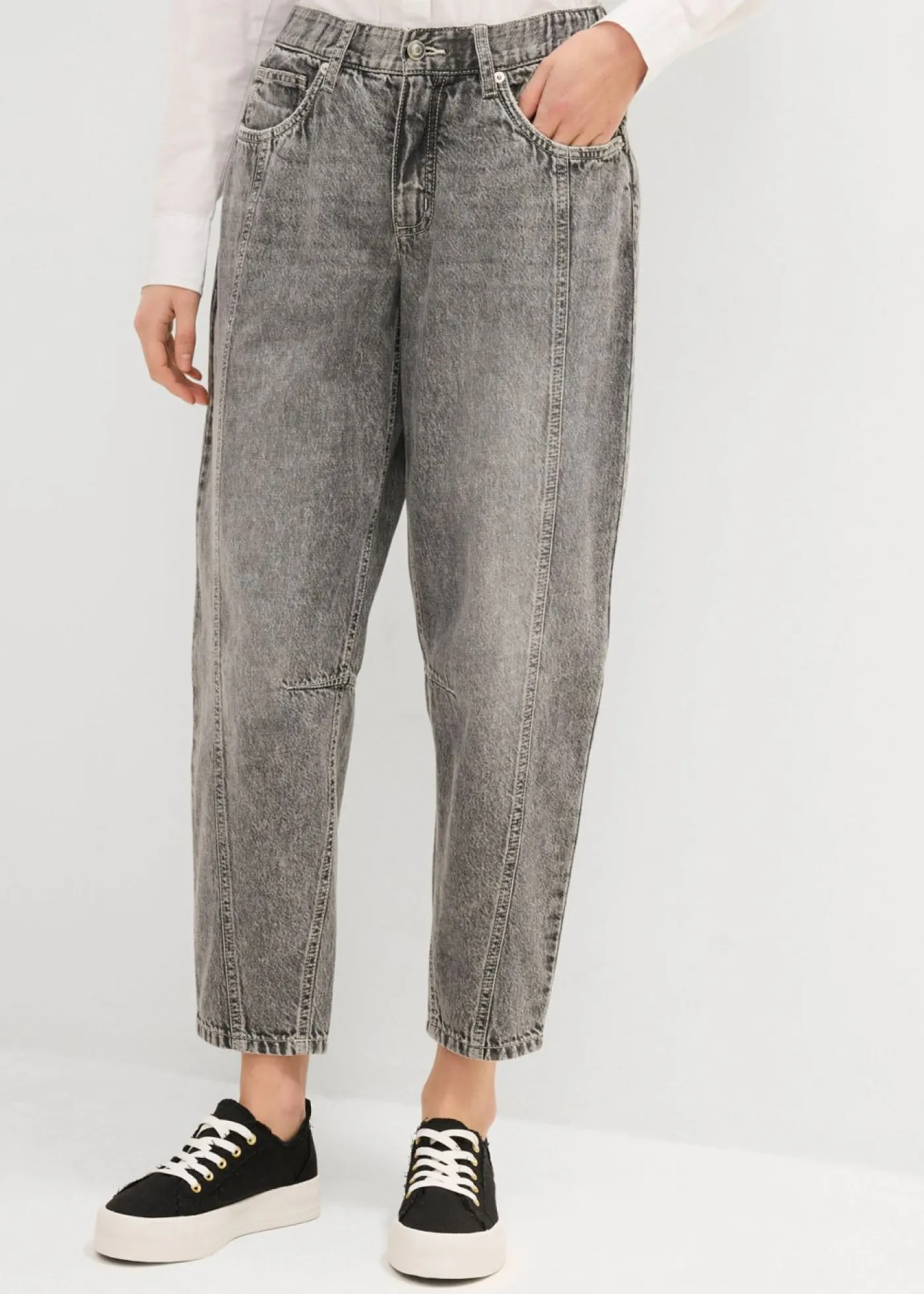 bonprix bonprix Vaqueros barrel, mid waist, low stretch, cropped Denim gris claro desgastado