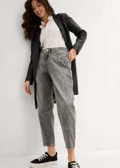 bonprix bonprix Vaqueros barrel, mid waist, low stretch, cropped Denim gris claro desgastado