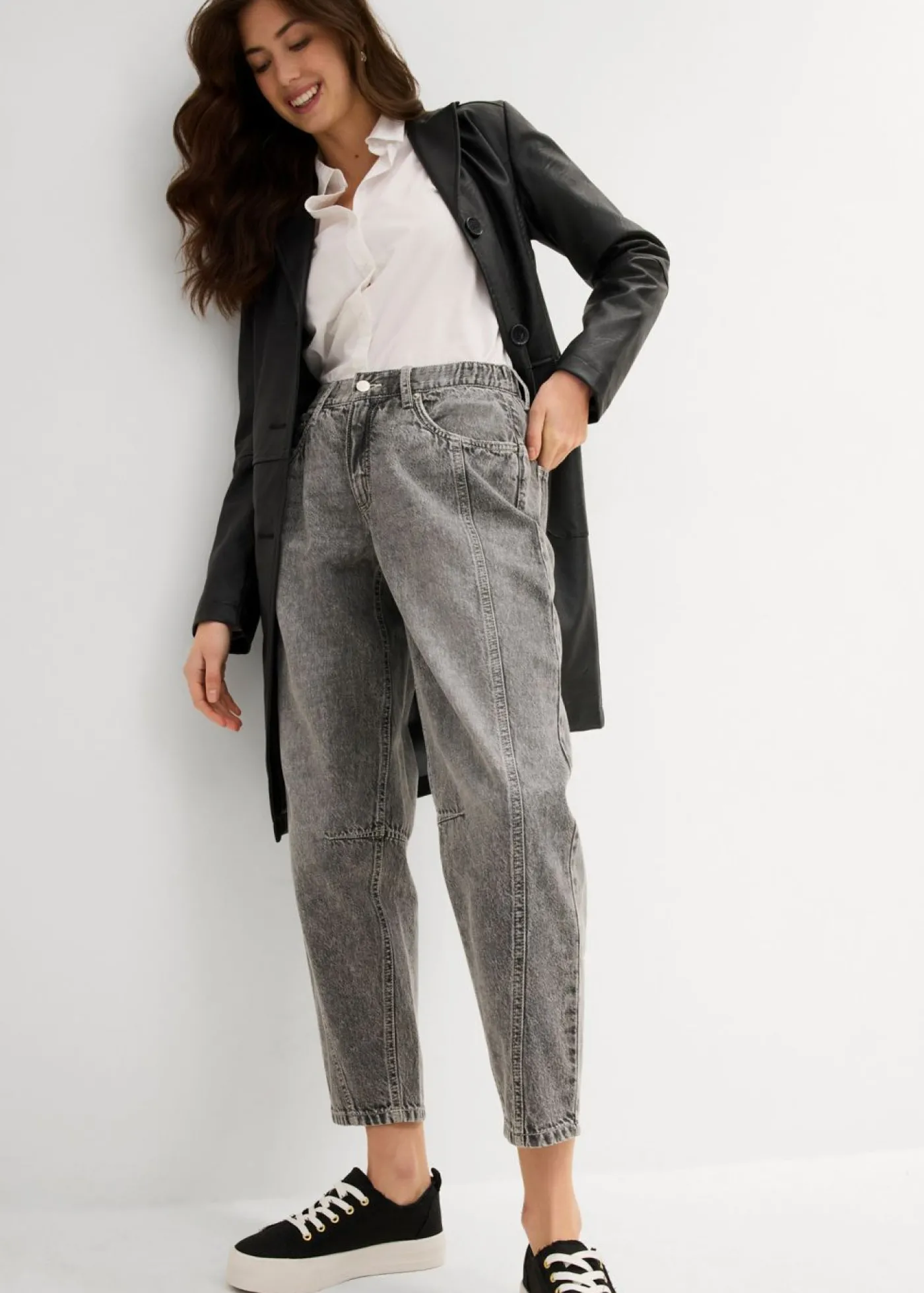 bonprix bonprix Vaqueros barrel, mid waist, low stretch, cropped Denim gris claro desgastado