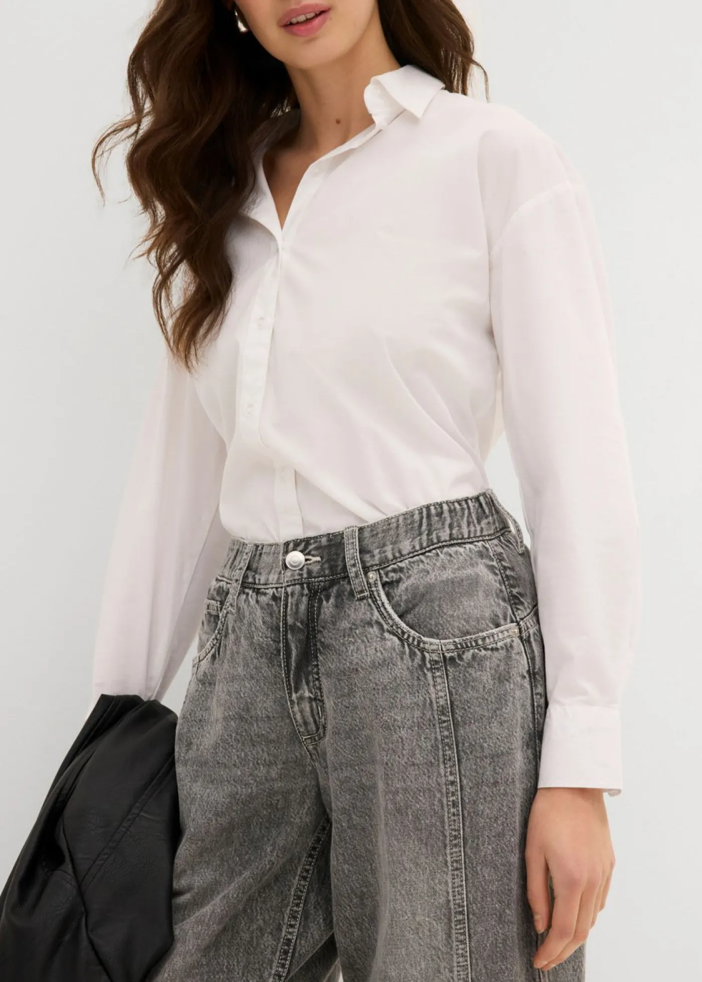 bonprix bonprix Vaqueros barrel, mid waist, low stretch, cropped Denim gris claro desgastado