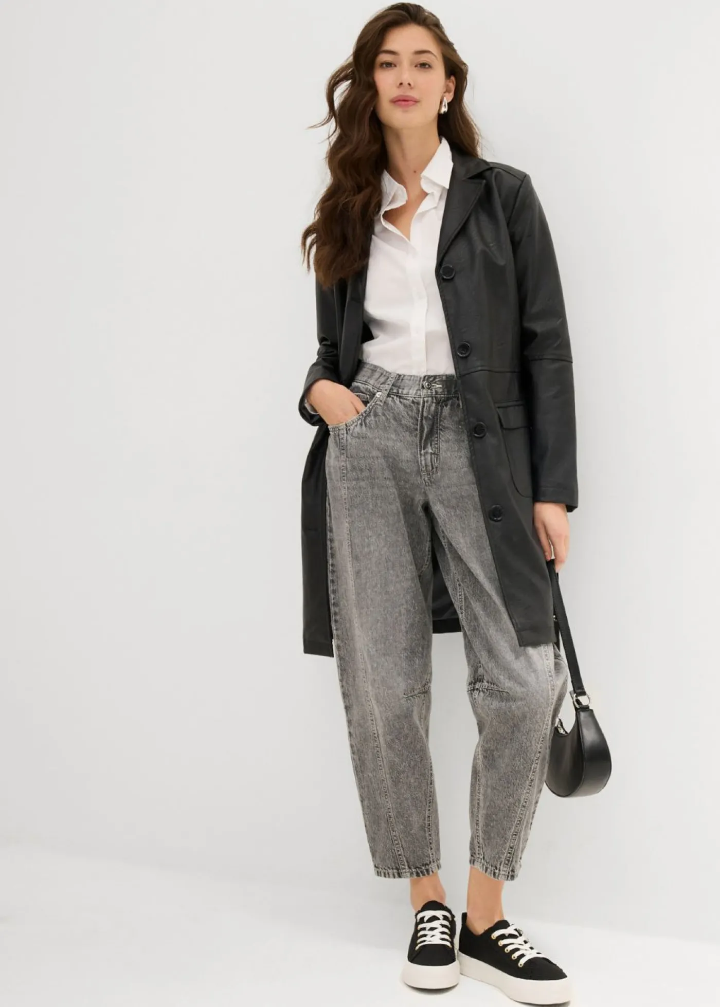 bonprix bonprix Vaqueros barrel, mid waist, low stretch, cropped Denim gris claro desgastado